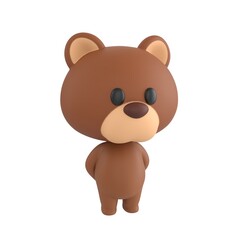 Obraz premium Cute 3D render Brown Bear character standing calmly with hands behind back, polite and confident mascot style, isolated on white background.