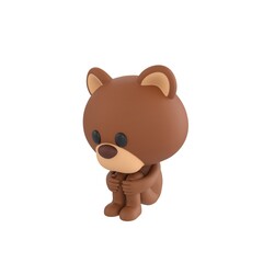 Cute 3D render Brown Bear character sitting on the floor hugging knees. Isolated on a clean white background.