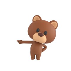 Obraz premium Cute 3D render Brown Bear character pointing to the side with one hand while the other rests on the hip, confident and instructive pose, isolated on white background.