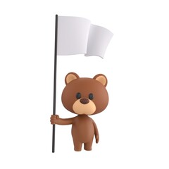 Cute 3D render Brown Bear character standing and holding a white flag, neutral and symbolic pose, isolated on white background.