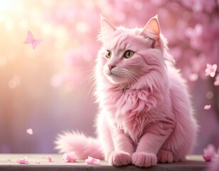 ピンク色の猫と桜