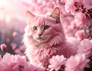 ピンク色の猫と桜