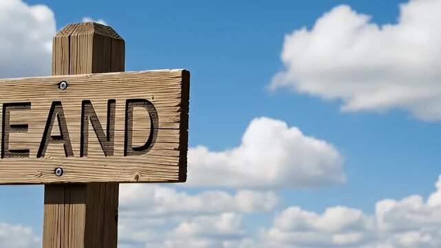 Wooden Directional Signpost with the Word Keand Pointing Left Under a Blue Sky with Clouds.