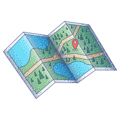 a folded paper map showing a natural landscape with forests terrain, lakes, and roads, Includes a red location pin marker.perfect for camping, hiking, and travel adventure themes. © Delook Creative