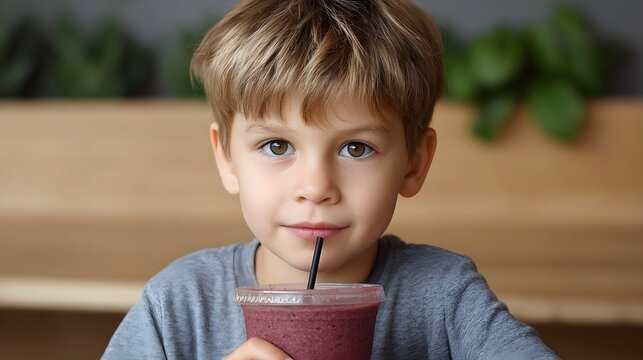 A young boy with blond hair sips a vibrant purple berry smoothie from a plastic cup using a straw