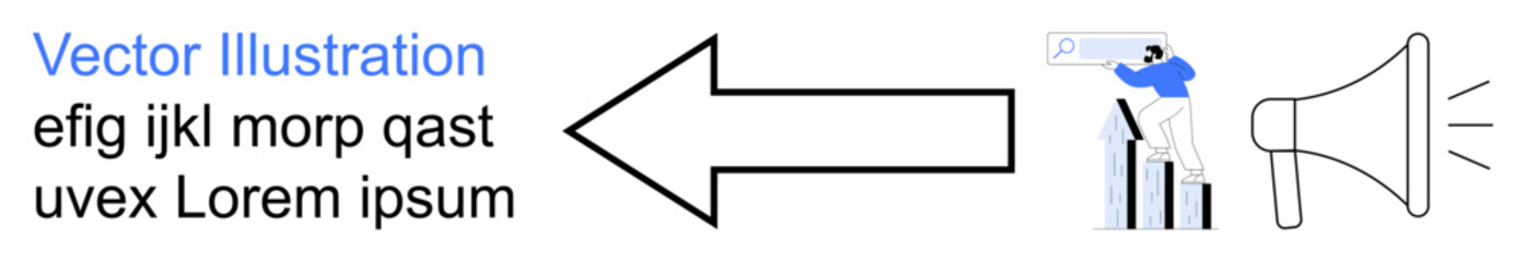 Marketing, advertising, promotion, communication, growth, analytics. An arrow pointing to a loudspeaker with a graph and a person analyzing data. Marketing and advertising concept