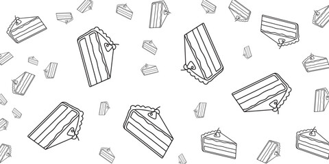 Abstract pattern of delicious cake slices with cream and cherries in a simple line drawing style