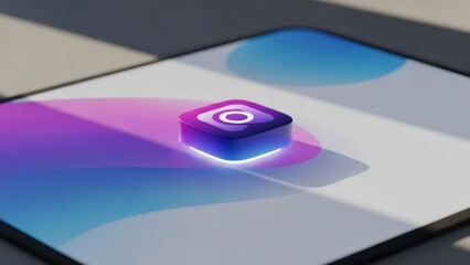 Glowing cube with a circular detail on a reflective surface