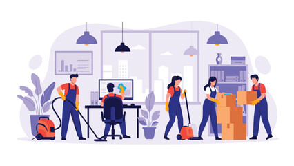 A team of professional cleaners in uniform providing commercial cleaning services in a modern office, using various cleaning equipment.