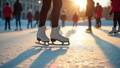 legs in white skates gliding across a shiny surface. Long shadows from the figures fall on the ice, creating a graphic rhythm. In the background are other skaters in winter clothing