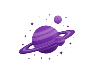 Purple planet with rings and stars isolated on transparent background