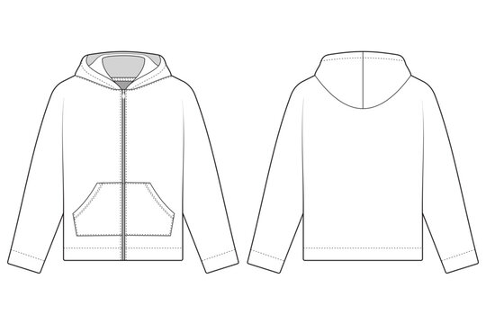 hoodie template. full zipper hoodie illustration front and back view cad drawing design. SVG format.
