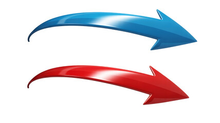 Two glossy blue and red curved arrows pointing right against a dark black background illustrating concepts of direction flow exchange progress and dyn