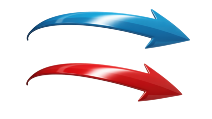 Two glossy blue and red curved arrows pointing right against a dark black background illustrating concepts of direction flow exchange progress and dyn