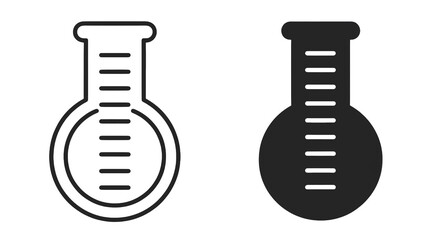 Two laboratory round bottom flasks featuring measurement markings on a dark background depicting scientific research and chemical experimentation