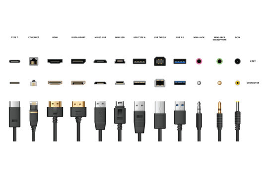 Set of various electronic connectors and ports type c hdmi usb ethernet mini jack dc in