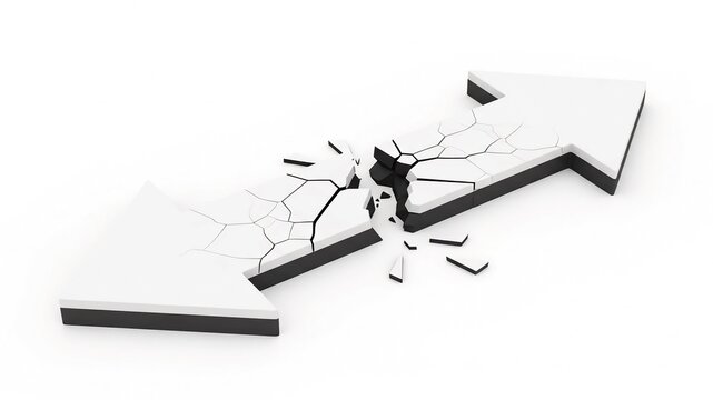 A broken white arrow pointing upwards with cracks and fragments on a plain background