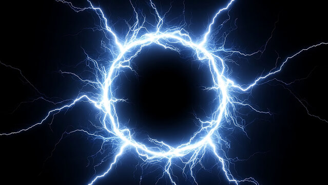 Blue electrical energy circle with lightning discharge sparks on black background