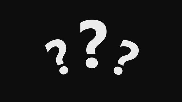 Three White Question Marks of Varying Sizes on a Black Background symbol icon.