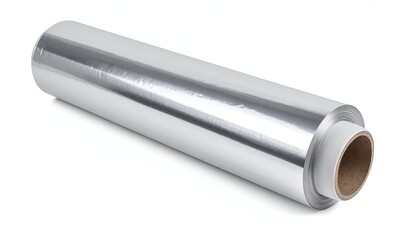 A roll of shiny, metallic material with a cardboard core against a white background