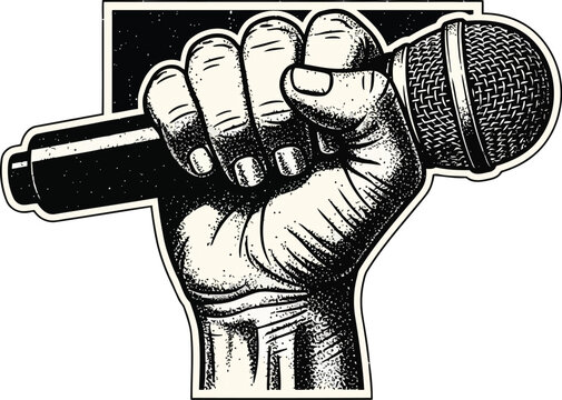 Vector  illustration of Vintage halftone stipple illustration of a hand holding a microphone, isolated on transparent background
