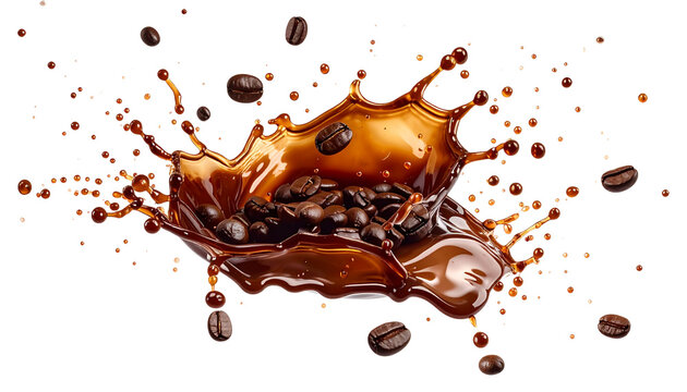 Abstract motion of a fresh orange juice splash and liquid chocolate splash with water drops isolated on a white background