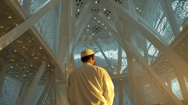 Man praying inside mosque modern architecture spiritual moment