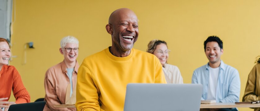 Happy bald businessman laughing during a casual business meeting with diverse colleagues in a modern office, using a laptop, showing joy and collaboration with copy space - Powered by Adobe