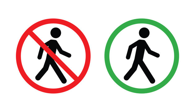 Man walk and don't walk icon set. No pedestrian sign vector. Pedestrian movement sign design. Vector of a walking human figure. Walk and no walk icon set