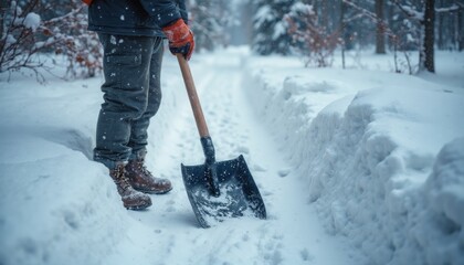A person in winter clothing stands in deep snow, holding a snow shovel. 