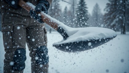 A person dressed in winter gear holds a snow shovel filled with snow while flakes fall around them. 