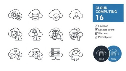 A collection of cloud computing icons in a simple line style, including symbols for data storage, security, and networking.