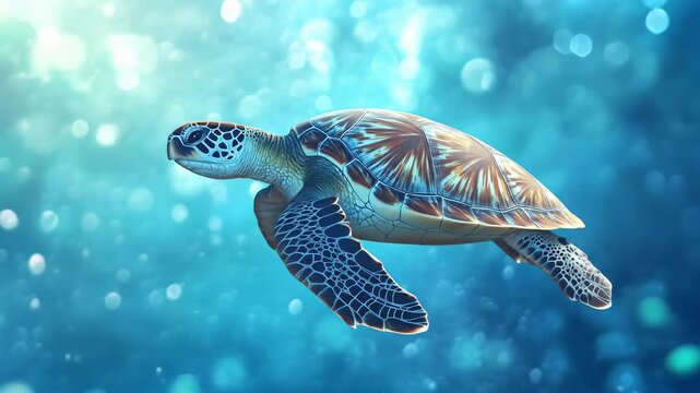 Sea turtle swimming underwater with bokeh effect and sunlight