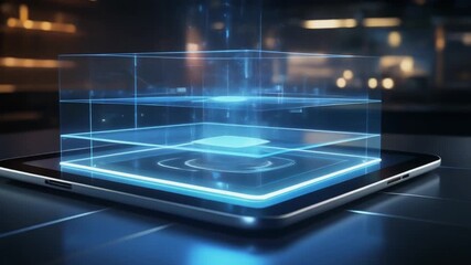 Hologram tablet futuristic technology glowing layer cube digital interface visualization concept innovation - Powered by Adobe