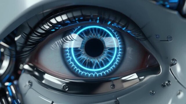 Robot eye chrome blue cybernetic iris artificial intelligence closeup emotional gaze futuristic robot face cybernetic eye chrome