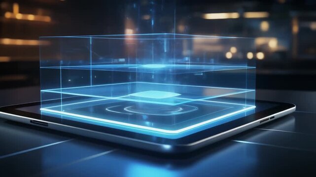 Hologram tablet futuristic technology glowing layer cube digital interface visualization concept innovation