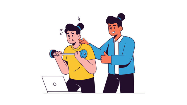 Personal trainer giving online fitness coaching via laptop, flat vector illustration.