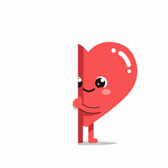 Obraz premium Cute cartoon red heart character peeking from behind a white blank space, offering a friendly greeting or surprise with copy space.