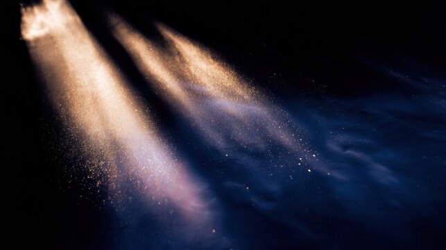 Golden Light Rays with Dust and Sparkles Effect, Cinematic Sun Beams Shining Downwards with Floating Particles with Neon Mint and Sofi Lilac Color Accents