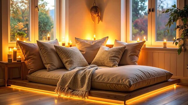 A cozy corner featuring a built-in daybed with candles and autumn views through windows