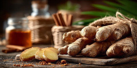 Fresh ginger roots and slices arranged with cinnamon sticks and amber liquid in a jar