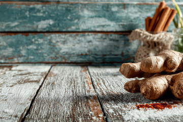 Fresh ginger root and cinnamon sticks on a rustic wooden table with spices