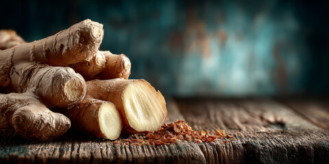 Fresh ginger root and dried flakes on a rustic wooden table with a blurred background