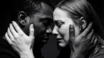 Emotional interracial couple touching foreheads and crying in black and white. Biblical concept of enduring love, forgiveness and bearing burdens from 1 Corinthians 13. Shared grief and compassion.