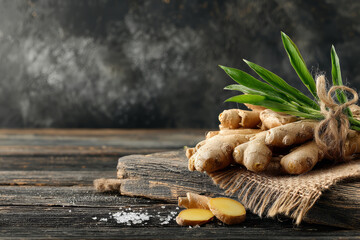 Fresh ginger root with green leaves tied with twine on a rustic wooden table