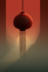 Traditional red lantern hanging against a misty mountain sunset with a large sun