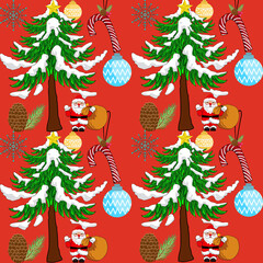 Vector illustration of a seamless Christmas background featuring green fir branches, pine trees, and winter ornaments like stars and gift balls for a festive December holiday celebration