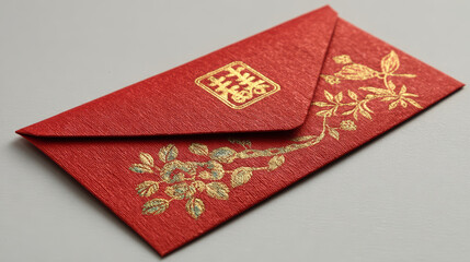 Traditional red envelope with gold floral and double happiness symbols for Lunar New Year