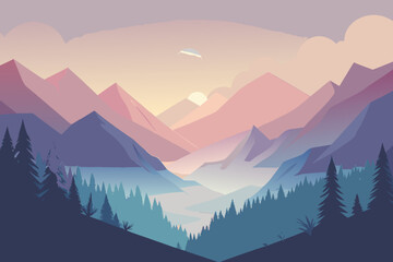 Soft atmospheric of a forest valley with purple and pink mountains and blue trees