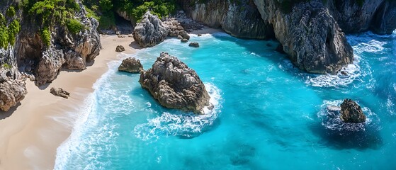 Aerial view of turquoise sea waves crashing against rocky formations and sandy beach with clear blue water